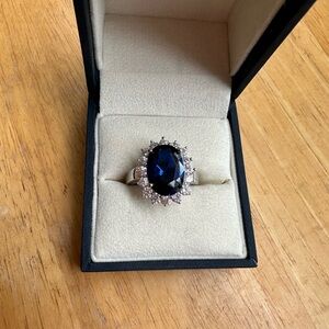 Princess, Diana Inspired Blue and White Cubic Zirconia Halo Ring
